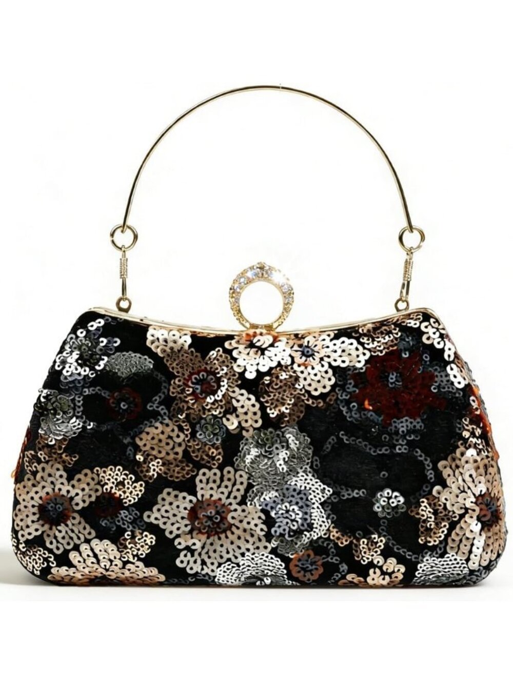 Women's Champagne Floral Sequin Embroidered Evening Clutch Wedding Crossbody Bag